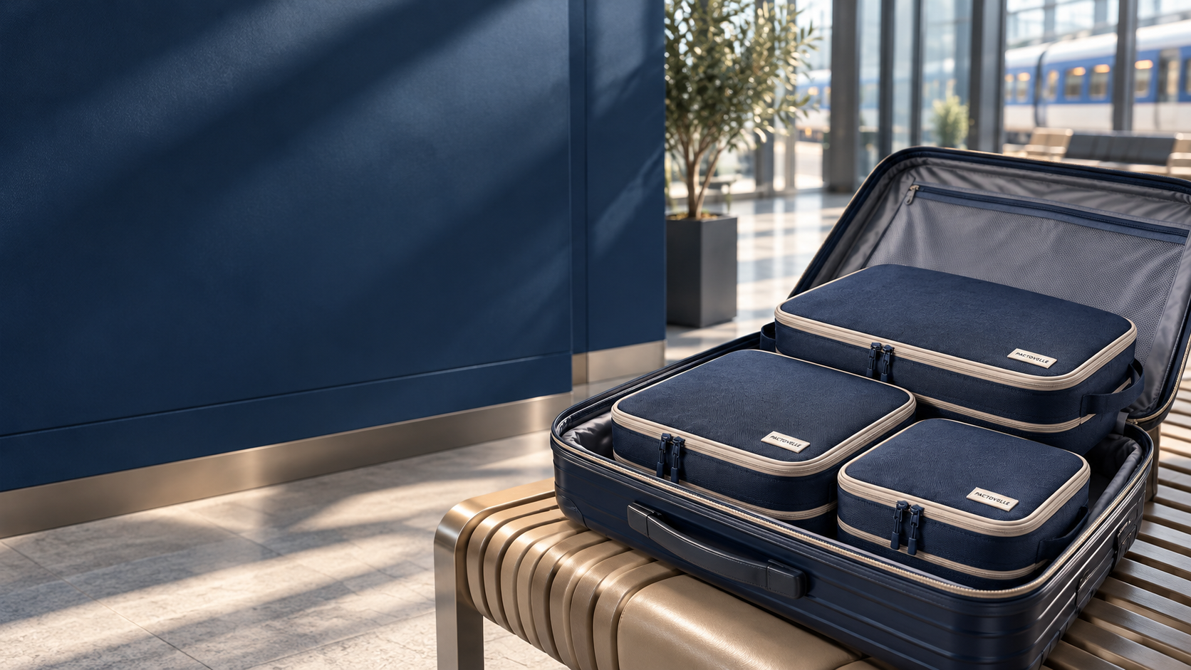 Navy compression packing cubes in a suitcase at a modern departure lounge